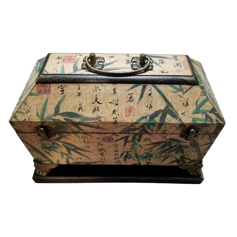 Vintage Wooden Jewelry Box with Asian Bamboo Detail Design Claw Feet on Base